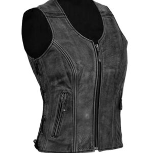 Women’s Classic Biker Distressed Black Leather Vest