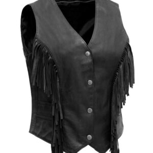 Women’s Cowgirl Fringe Style Black Leather Vest